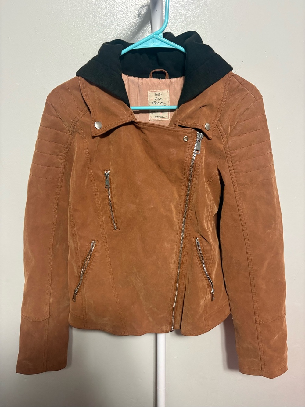 We The Free Brown Suede Moto Jacket with Black Hood